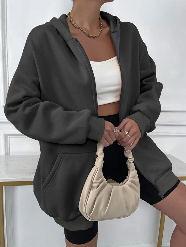 Damen nan oversized Zip-Hoodie mit verlängertem Saum weichem Fleece-Innenfutter und Kängurutaschen Drune