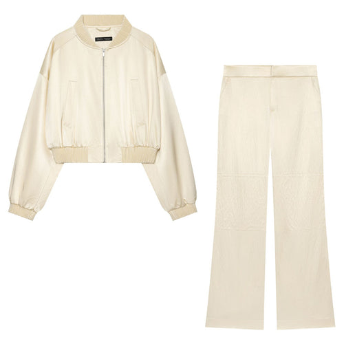 Damen Zweiteiliges Satinset: Cropped Bomberjacke mit Rippbündchen und hochtaillierte Wide‑Leg Hose Drune