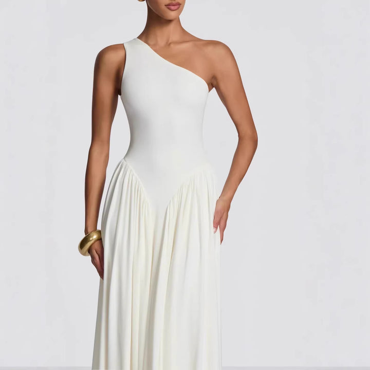 Damen Maxi-Kleid mit schulterfreiem Design und fließendem Stoff Drune