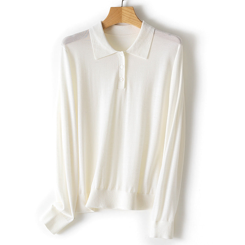 Damen Feiner Langarm-Polo-Pullover aus Feinstrick mit Knopfleiste Drune