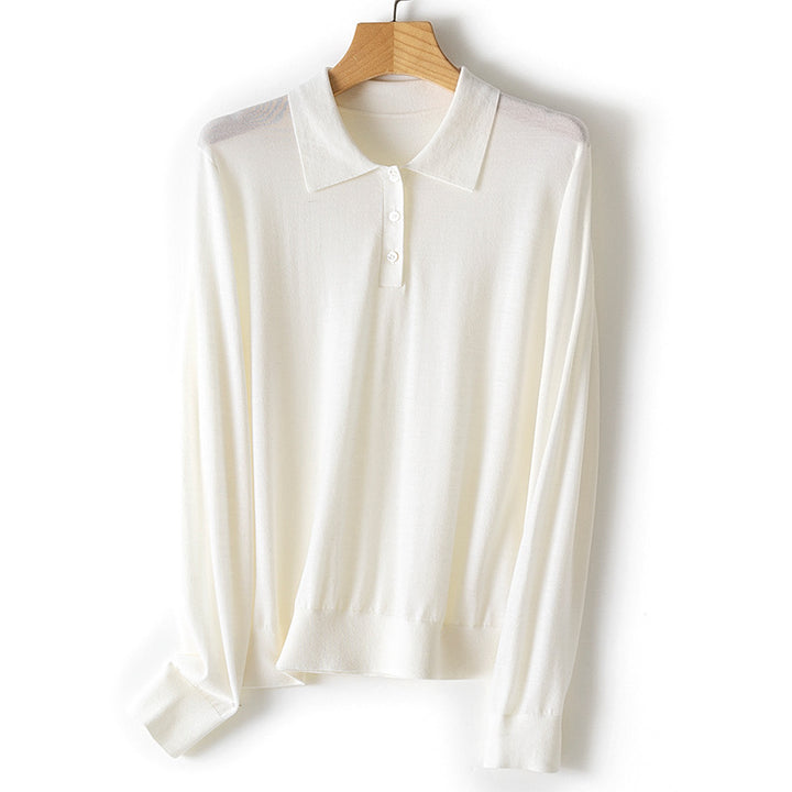 Damen Feiner Langarm-Polo-Pullover aus Feinstrick mit Knopfleiste Drune