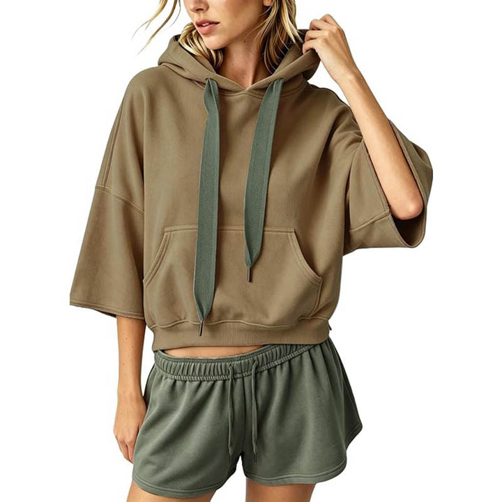 Damen Cropped Kapuzenpullover mit 3/4-Ärmeln und Kängurutasche Drune