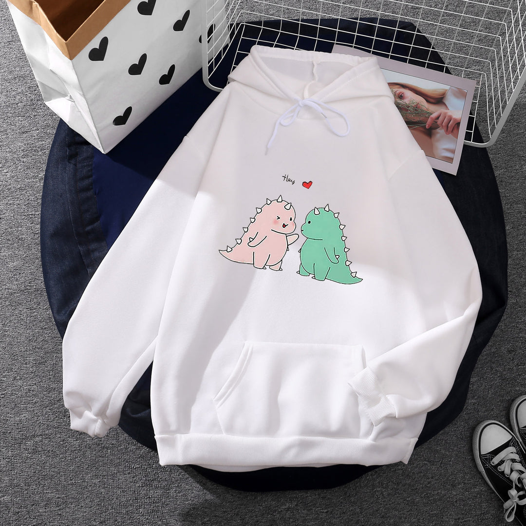Damen nan Kapuzenpullover mit niedlicher Dinosaurierpärchen‑Illustration, Oversize‑Schnitt und Kängurutasche Drune