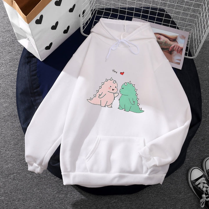 Damen nan Kapuzenpullover mit niedlicher Dinosaurierpärchen‑Illustration, Oversize‑Schnitt und Kängurutasche Drune