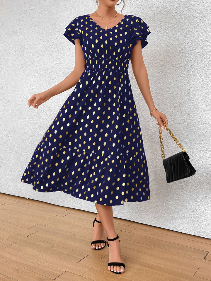 Damen Maxikleid mit Rüschendetails und schimmerndem Punktmuster Drune