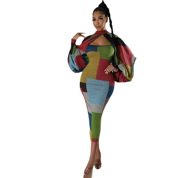 Damen Figurbetontes Patchwork-Kleid mit Überwurf Drune
