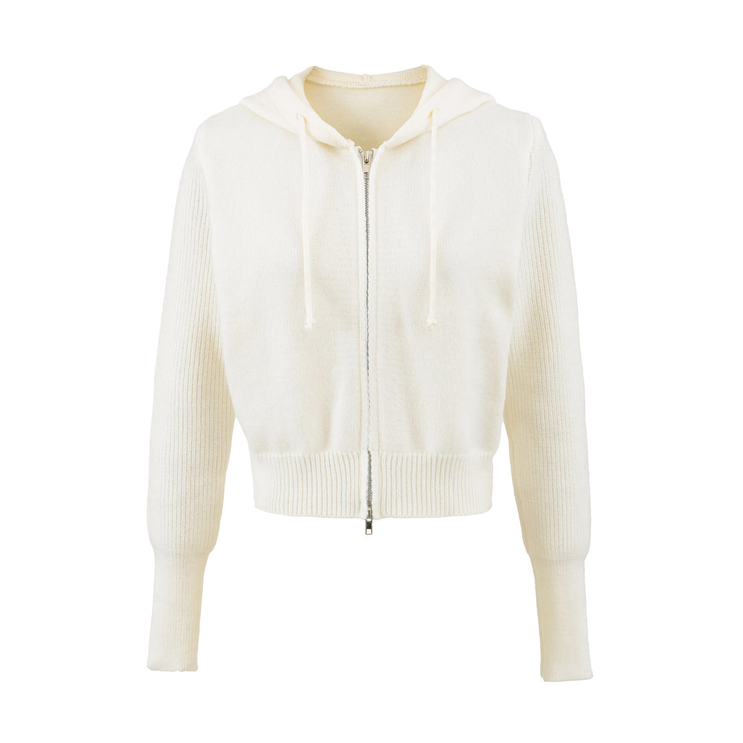 Damen Kurze Kapuzen-Strickjacke mit Reißverschluss und tailliertem Rippenbund Drune