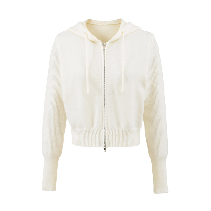 Damen Kurze Kapuzen-Strickjacke mit Reißverschluss und tailliertem Rippenbund Drune