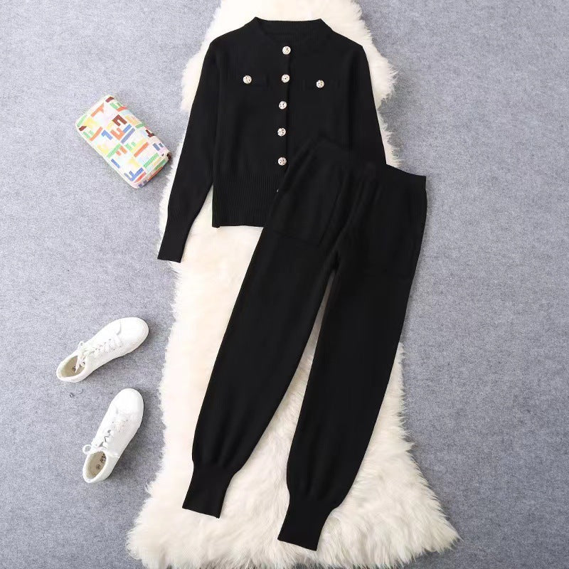 Damen elegantes Strickanzug-Set mit Knopfdétails Drune