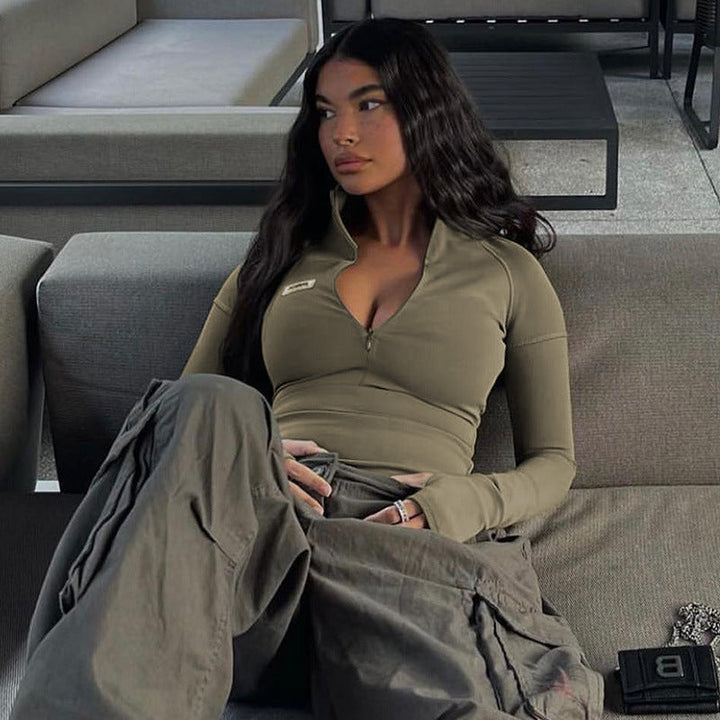 Damen figurbetontes Longsleeve Shirt mit Stehkragen und Reißverschluss Drune