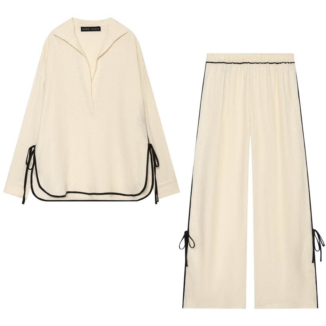 Damen Oversize Tunika-Pullover mit Polo-Kragen und seitlichen Zierbändern Drune