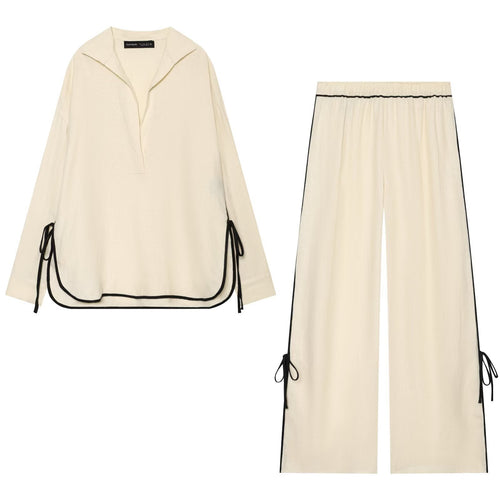 Damen Oversize Tunika-Pullover mit Polo-Kragen und seitlichen Zierbändern Drune