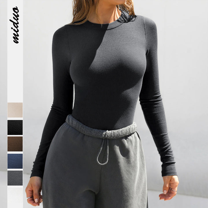 Damen Langärmliges Ripp-Top mit elegantem Rundhals und figurbetontem Schnitt Drune