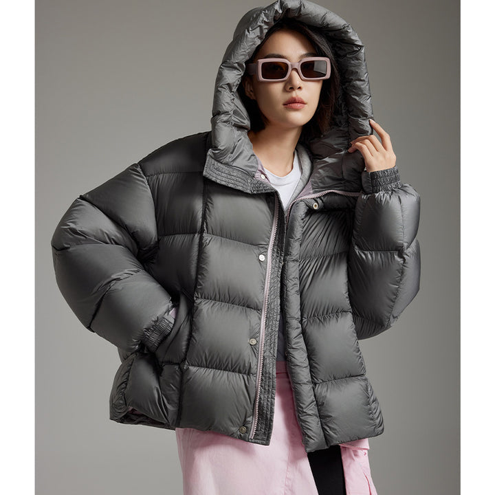Damen Kurze Boxy‑Steppjacke mit Oversize‑Ärmeln, hohem Thermokragen und Kapuze Drune
