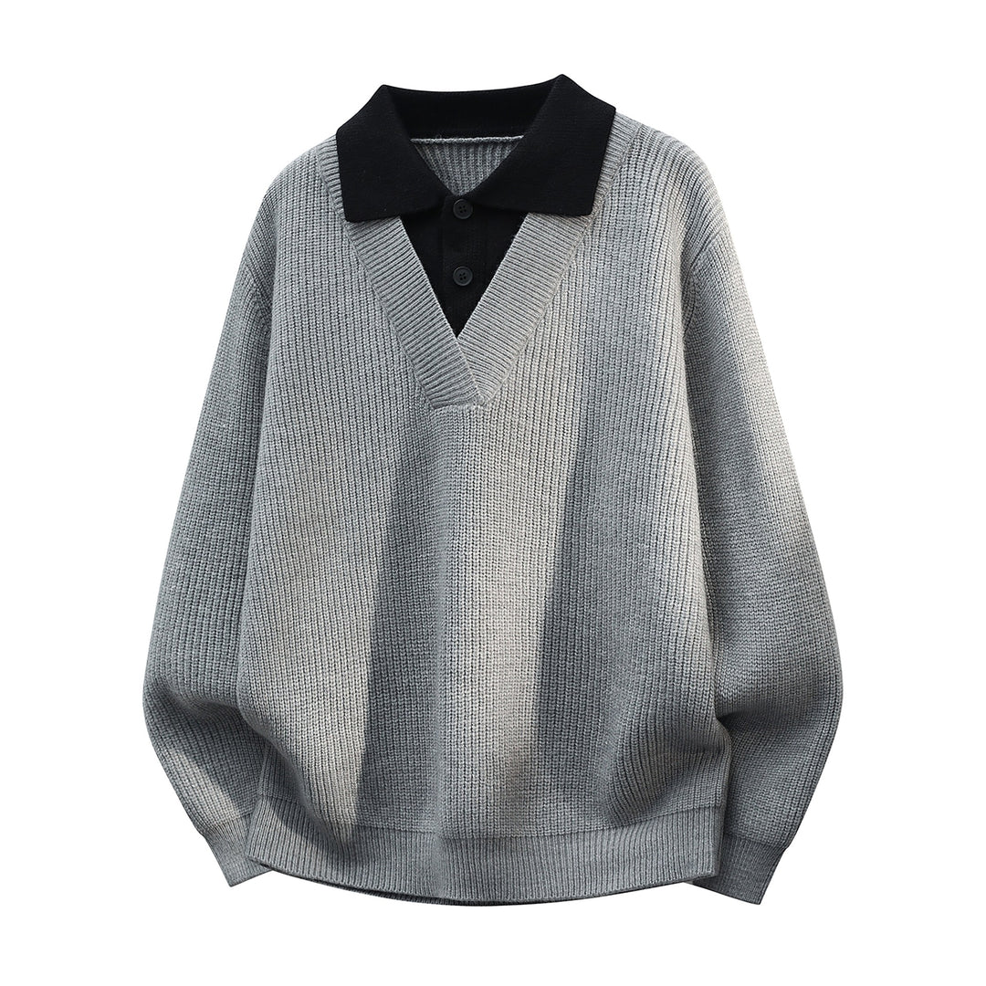 Herren Grobstrick-Pullover mit tiefem V-Ausschnitt und kontrastierendem Polokragen Drune