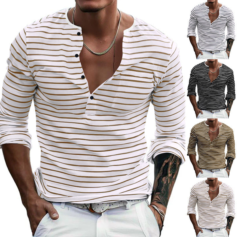Herren Langarm-Henley-Shirt mit modischen Streifen und praktischen Knöpfen Drune