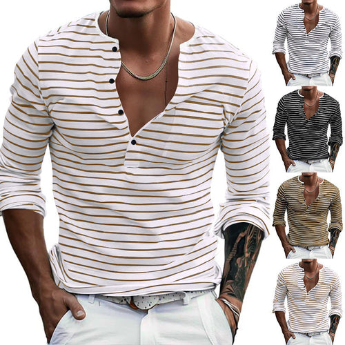 Herren Langarm-Henley-Shirt mit modischen Streifen und praktischen Knöpfen Drune