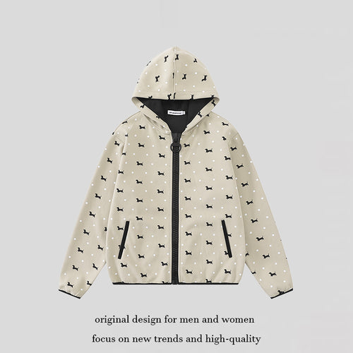 Damen Leichte Kapuzen-Zipjacke mit Hundesilhouette und Tupfen-Allover Drune