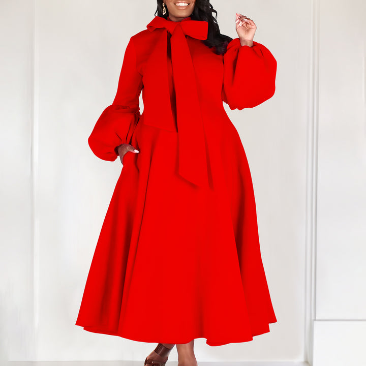 Damen Midi-Dress mit langen Puffärmeln und eleganter Schleife Drune