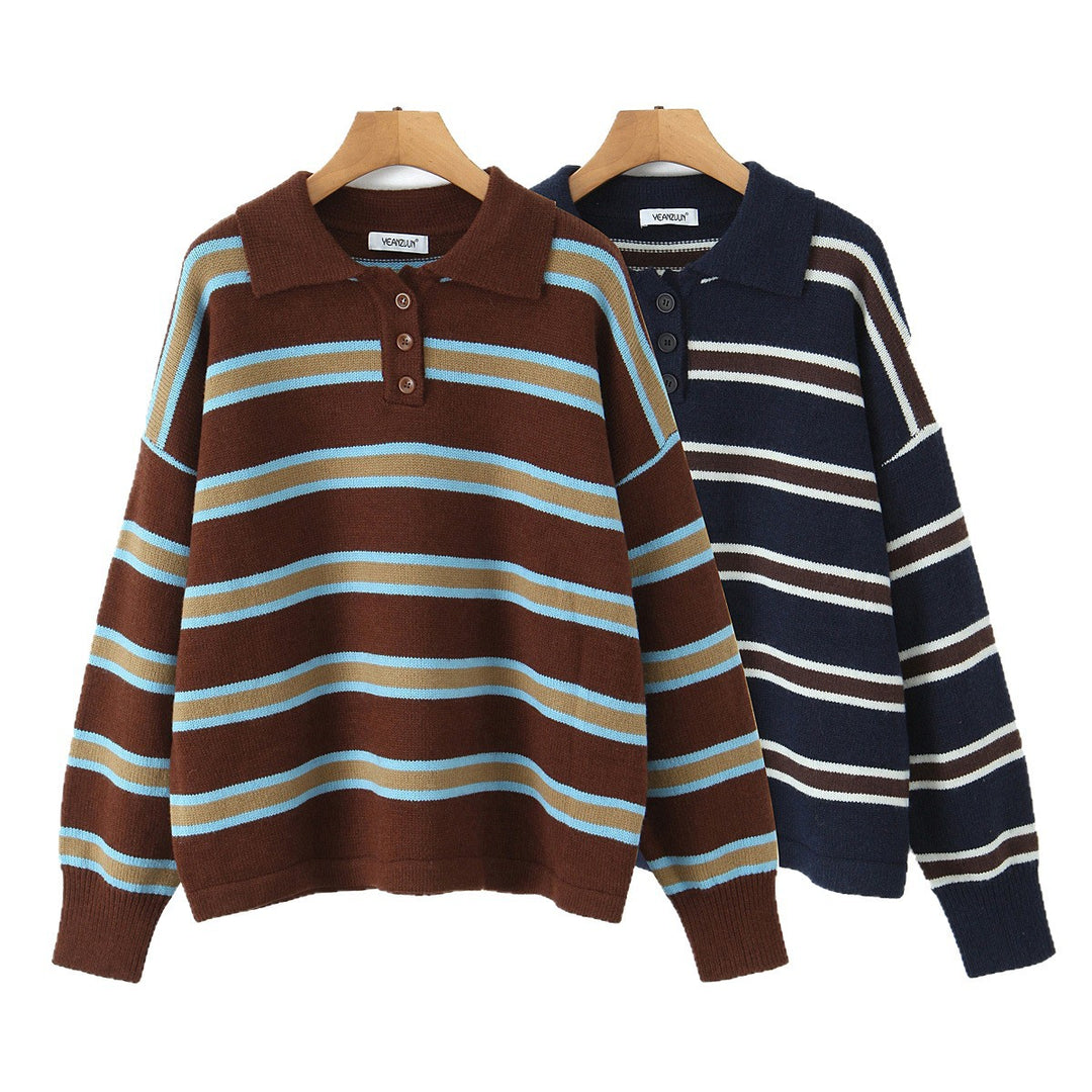 Damen Gestreifter Oversize-Strickpullover mit Polokragen und Rippbündchen Drune