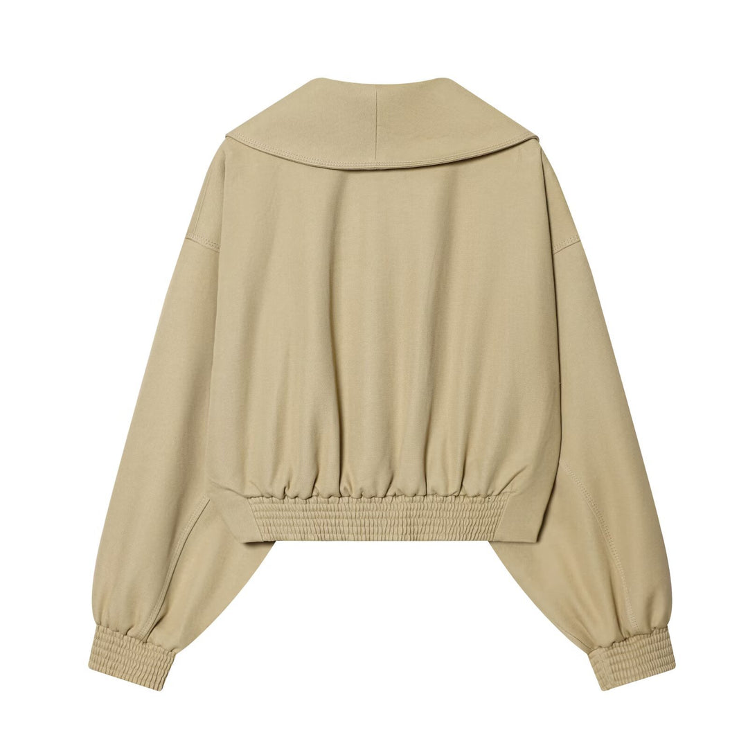 Damen Cropped-Wickeljacke mit großem Schalkragen, Gürtel und Ballonärmeln Drune