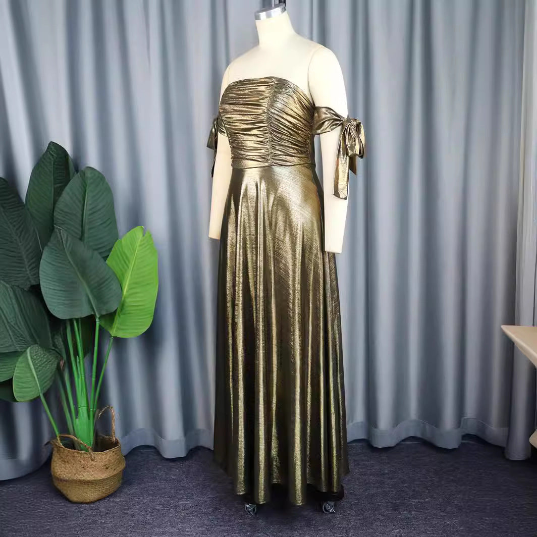 Damen Elegantes Maxikleid mit gerafftem Oberteil und schimmernden Ärmeln Drune