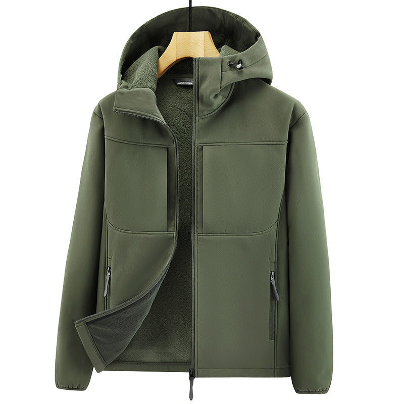 Herren Thermo-Softshelljacke mit Sherpa‑Futter, Kapuze und verdeckten Reißverschlusstaschen Drune