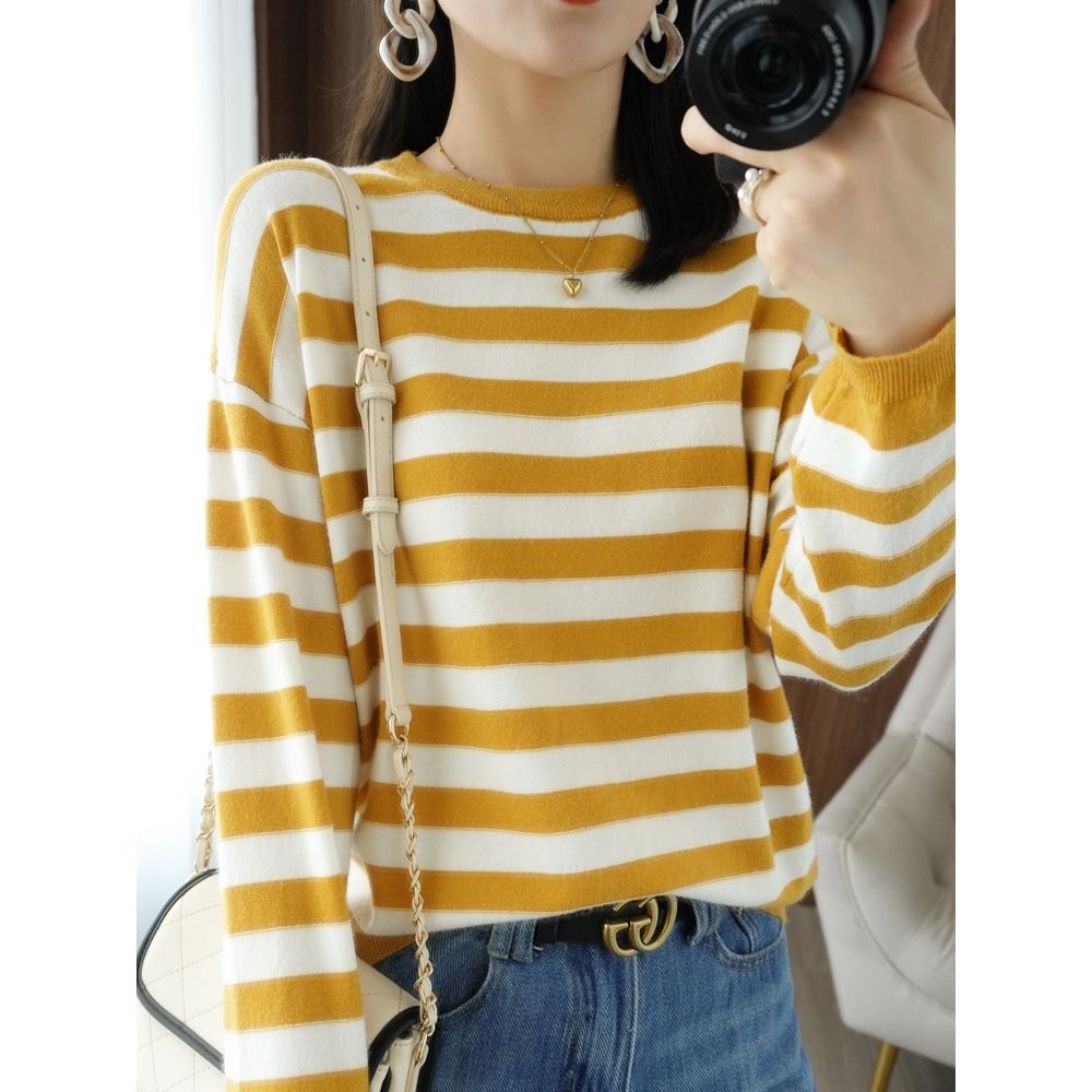 Damen lässiger Strickpullover mit breiten Streifen Drune