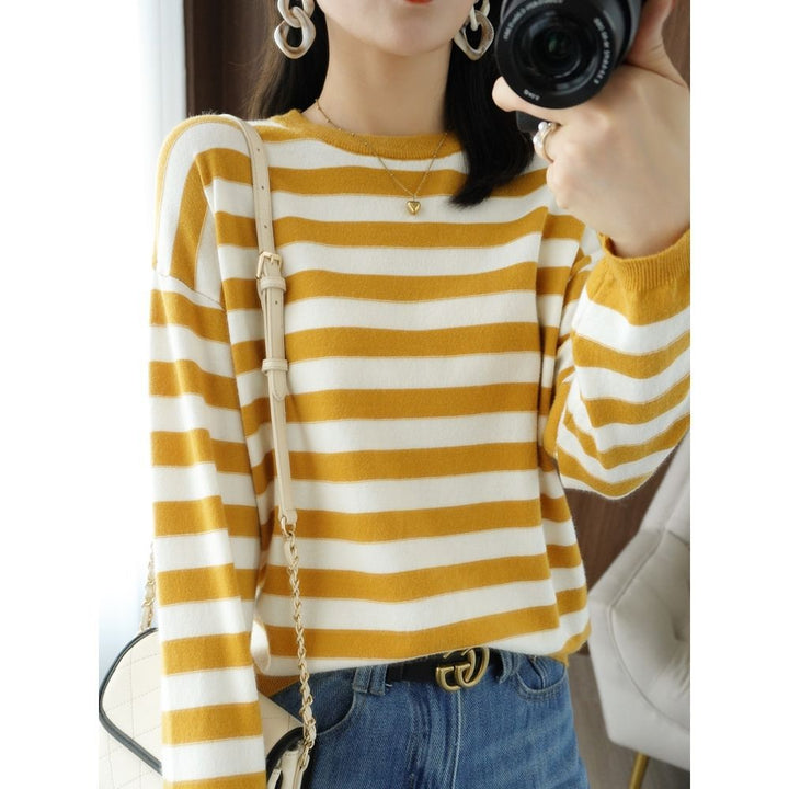 Damen lässiger Strickpullover mit breiten Streifen Drune