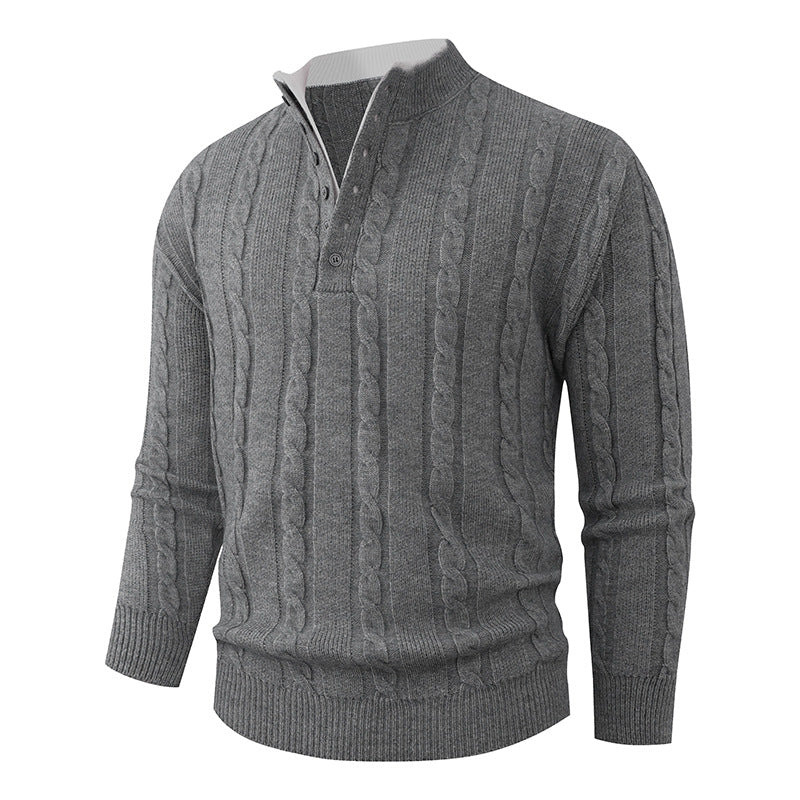Herren Strukturierter Zopfstrick-Pullover mit Knopfleiste und Stehkragen Drune
