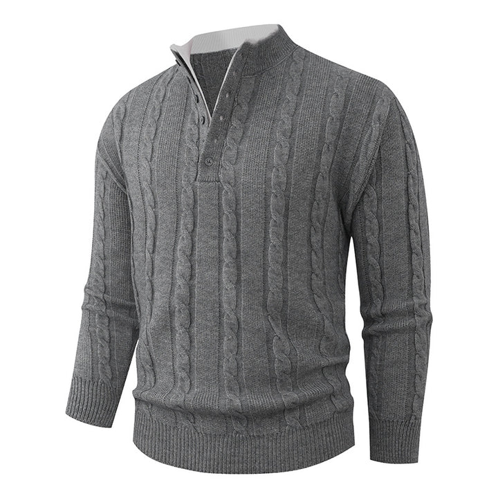 Herren Strukturierter Zopfstrick-Pullover mit Knopfleiste und Stehkragen Drune
