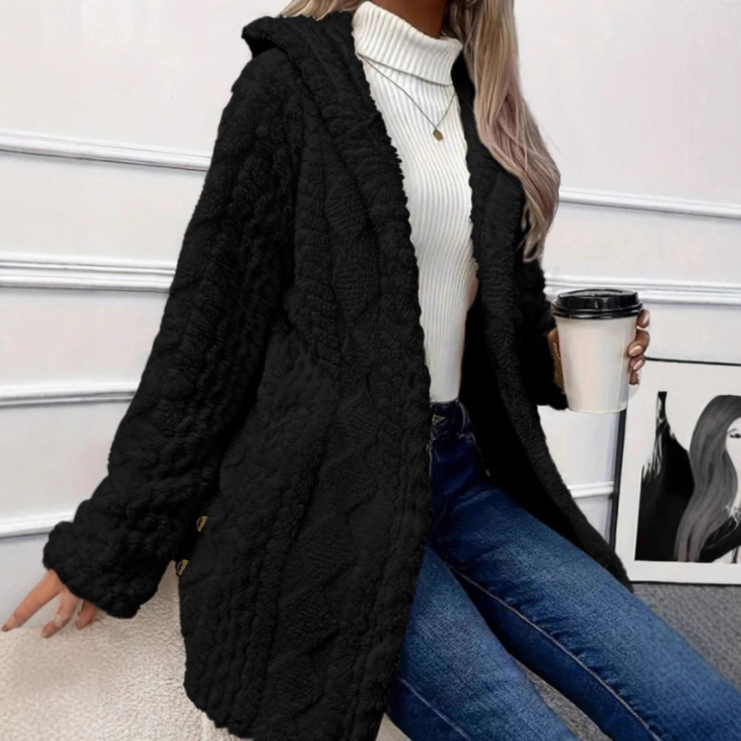 Damen Oversize Strickmantel mit Kapuze, Jacquard‑Struktur und Knopfleiste Drune
