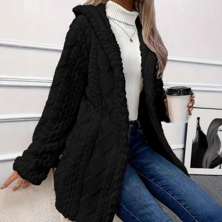 Damen Oversize Strickmantel mit Kapuze, Jacquard‑Struktur und Knopfleiste Drune