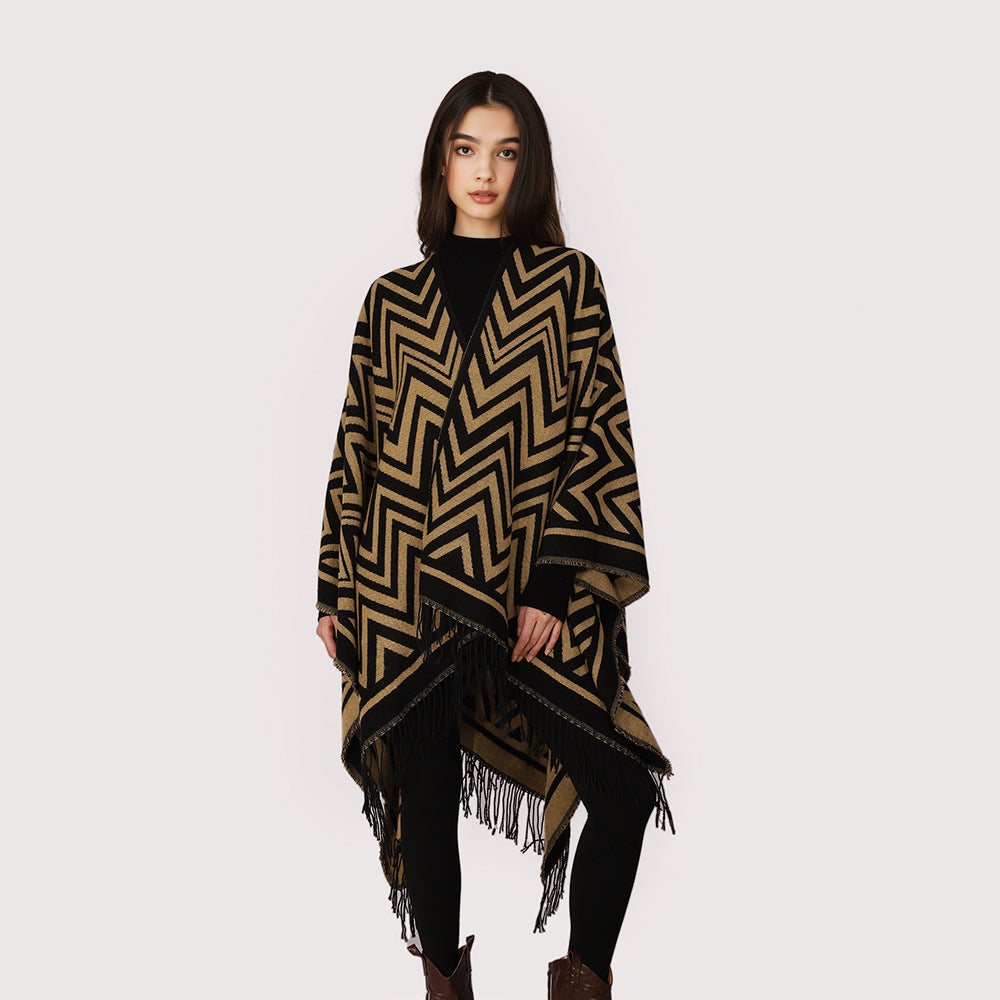 Damen Oversize-Umhang mit grafischem Zickzackmuster und langen Fransen Drune