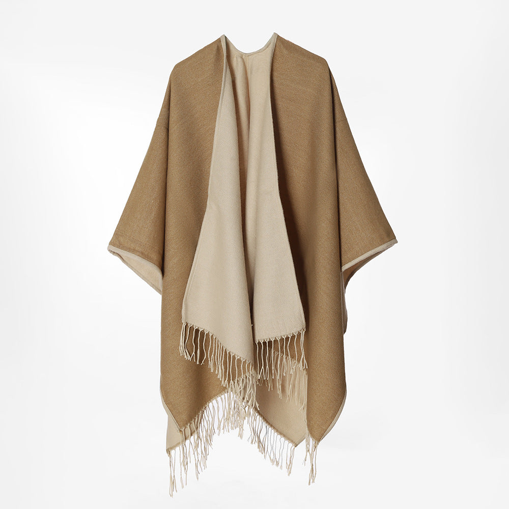 Damen Reversibler Capeponcho im Layer‑Look mit Fransen und kastigem Oversize‑Fall Drune