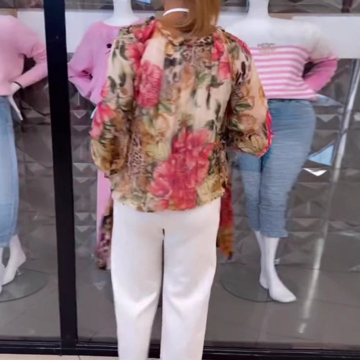 Damen nan Seidenoptik-Bluse mit floral-animalischem Print, V-Ausschnitt, Raffung und Manschetten Drune