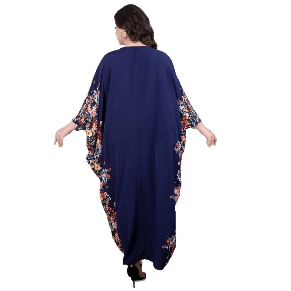 Damen Fließendes Maxikaftan-Kleid mit floralem Saum und dreiviertel Ärmeln Drune