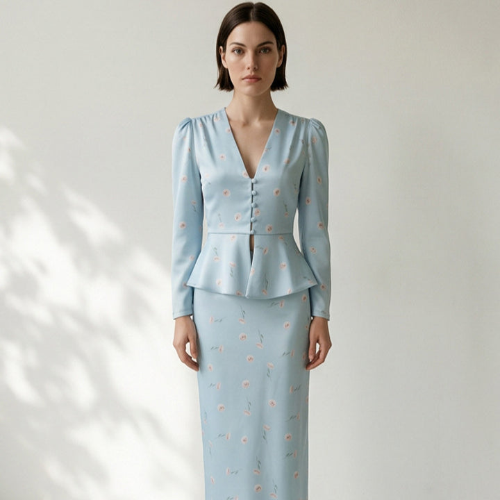 Damen Zweiteiliges tailliertes Blusen- und Maxirock-Set mit V-Ausschnitt und Knopfdetails Drune