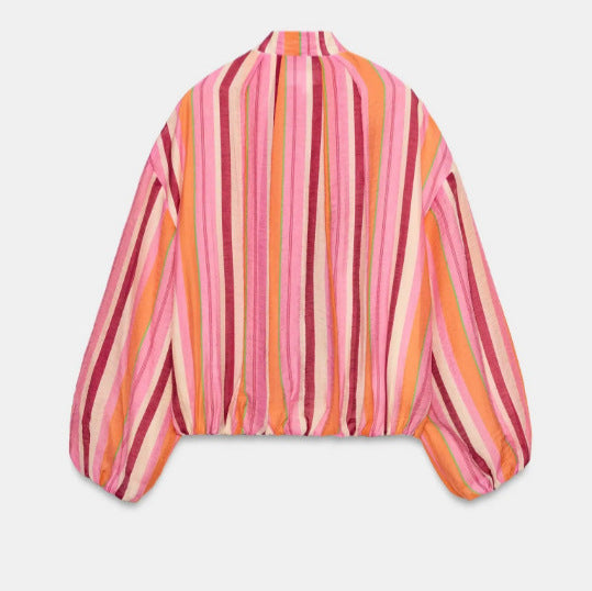Damen Leichte gestreifte Cropped‑Bomberjacke mit Ballonärmeln und Reißverschluss Drune