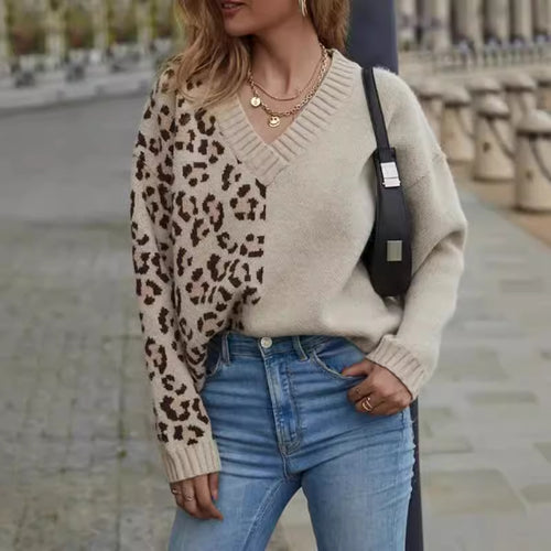Damen Grobstrickpullover mit modernem Leo-Design und tiefem V-Ausschnitt Drune