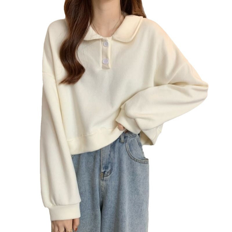 Damen Kurzarm Sweatshirt mit modischem Kragen und dekorativen Knöpfen Drune