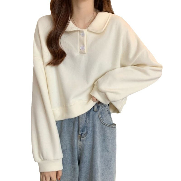 Damen Kurzarm Sweatshirt mit modischem Kragen und dekorativen Knöpfen Drune