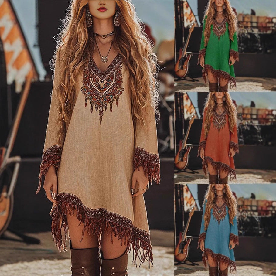 Damen Festival-Kleid mit kunstvollem Stickdesign und Fransen Drune