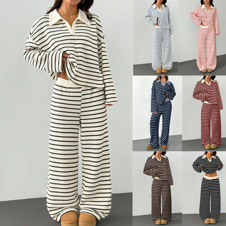 Damen Gestreiftes Strick-Set aus Polokrippenpullover und weiten Palazzo-Strickhose Drune