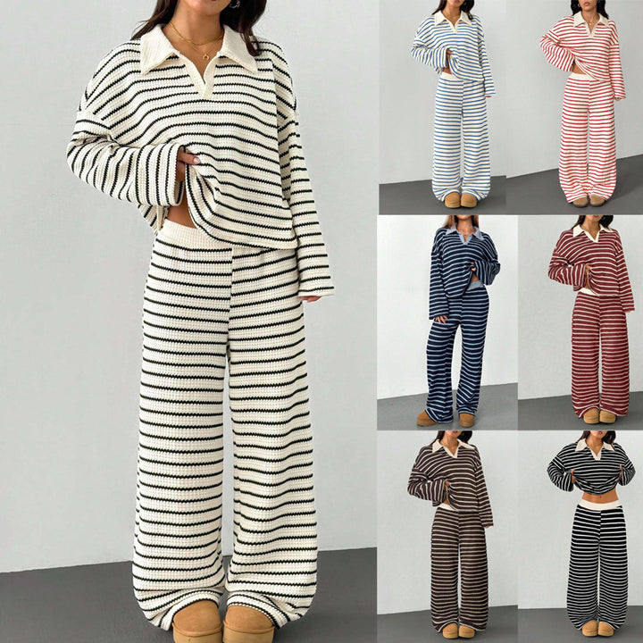 Damen Gestreiftes Strick-Set aus Polokrippenpullover und weiten Palazzo-Strickhose Drune