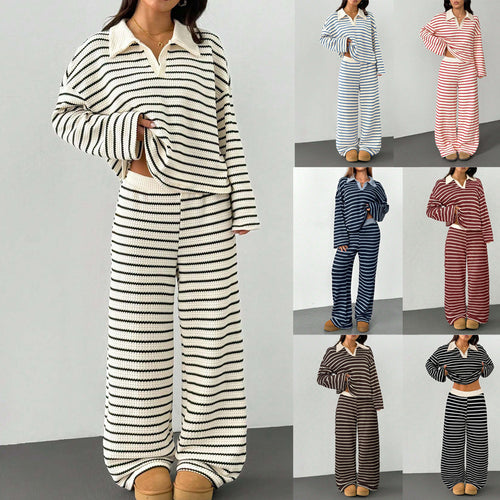Damen Gestreiftes Strick-Set aus Polokrippenpullover und weiten Palazzo-Strickhose Drune