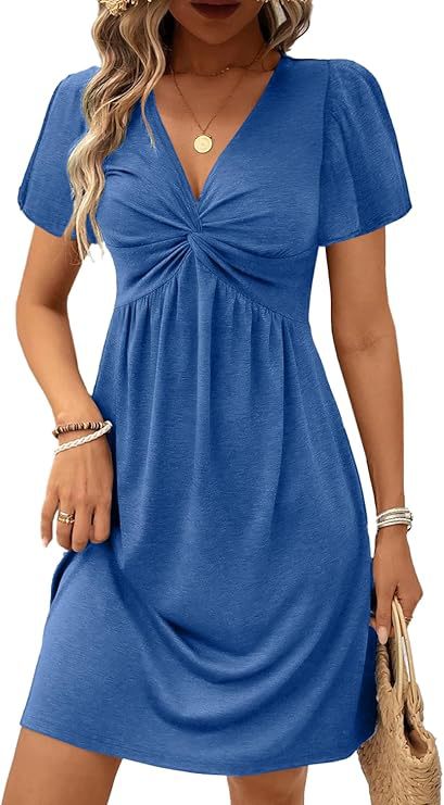 Damen lässiges Wickelkleid mit V-Ausschnitt und kurzen Ärmeln Drune