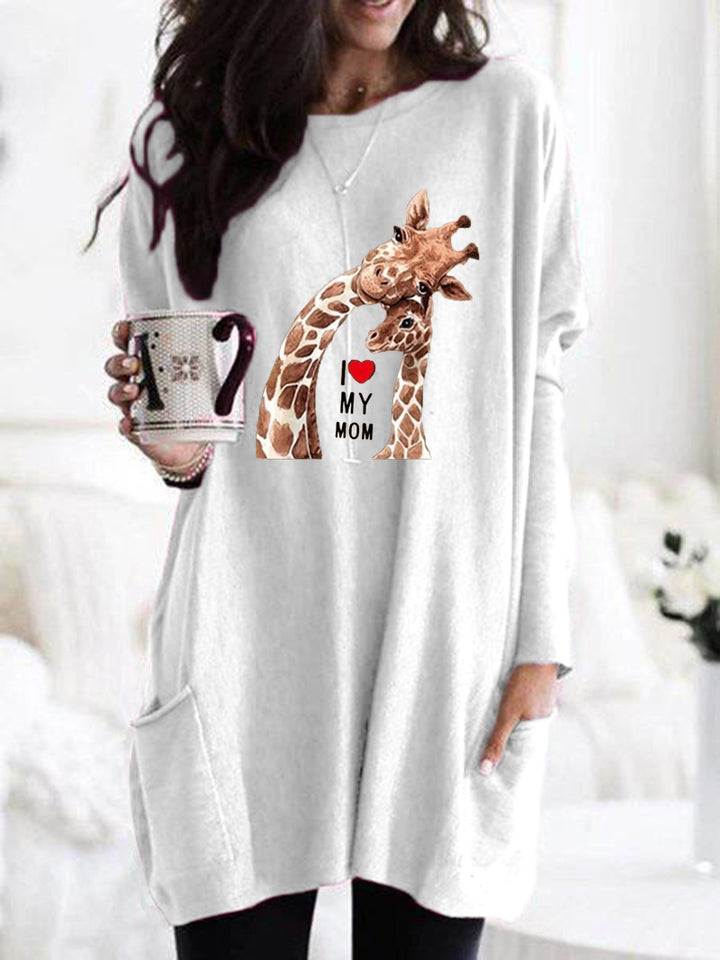 Frauen Übergroße Sweatkleid mit Giraffenmuster, Rundhalsausschnitt und Seitentaschen Drune