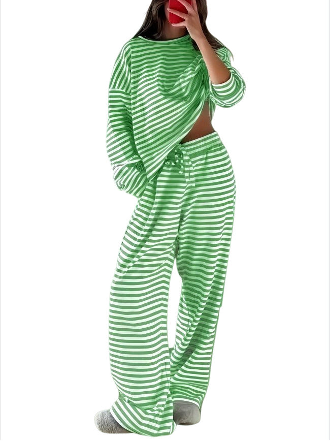 Damen Gestreiftes Lounge-Set aus weichem Baumwoll-Mix mit weitem Bein Drune