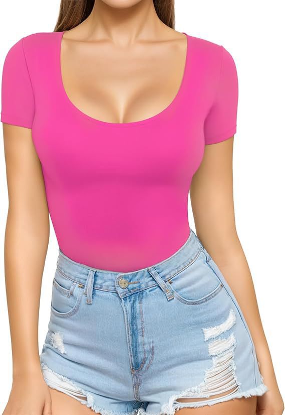Damen figurbetontes Kurzarm-Body mit rundem Ausschnitt und nahtlosem Design Drune